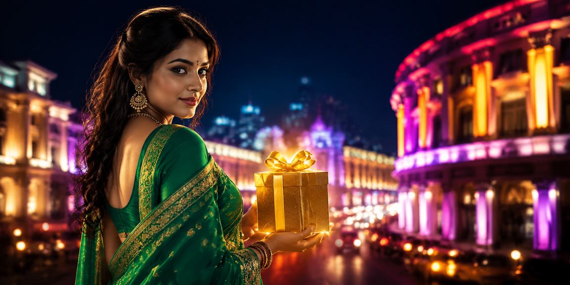 Bright Indian market scene with woman holding phone and deposit bonus celebration