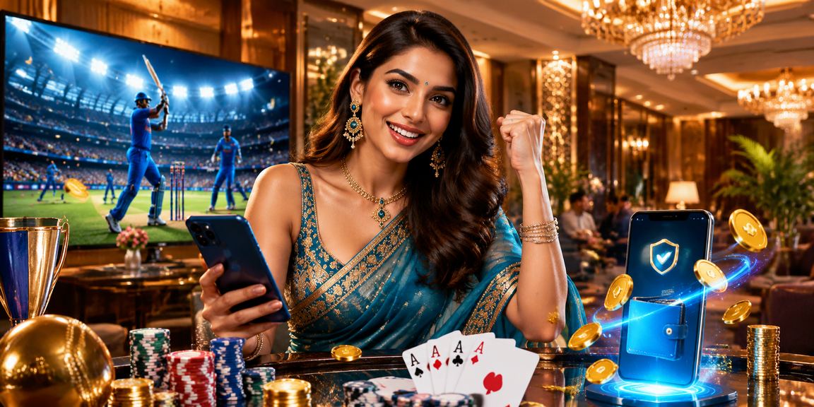 Indian woman enjoying online Teen Patti game on her mobile device