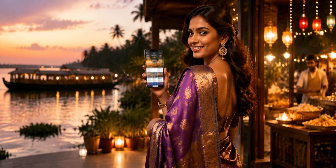 Scenic Kerala backwaters with night market and sports betting theme