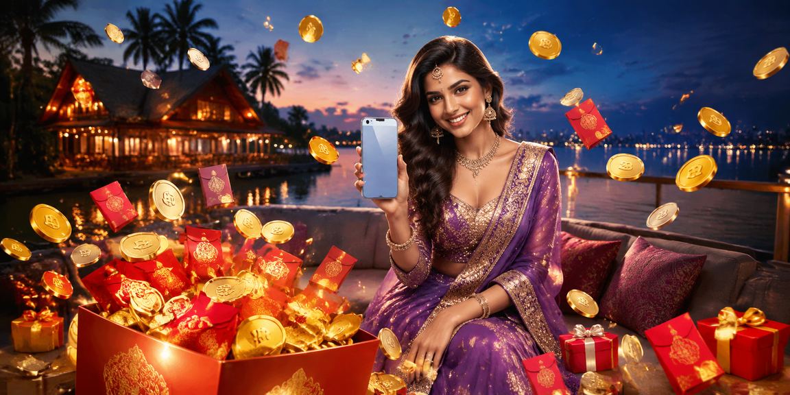 Indian lady promoting responsible gaming with lights and red envelope