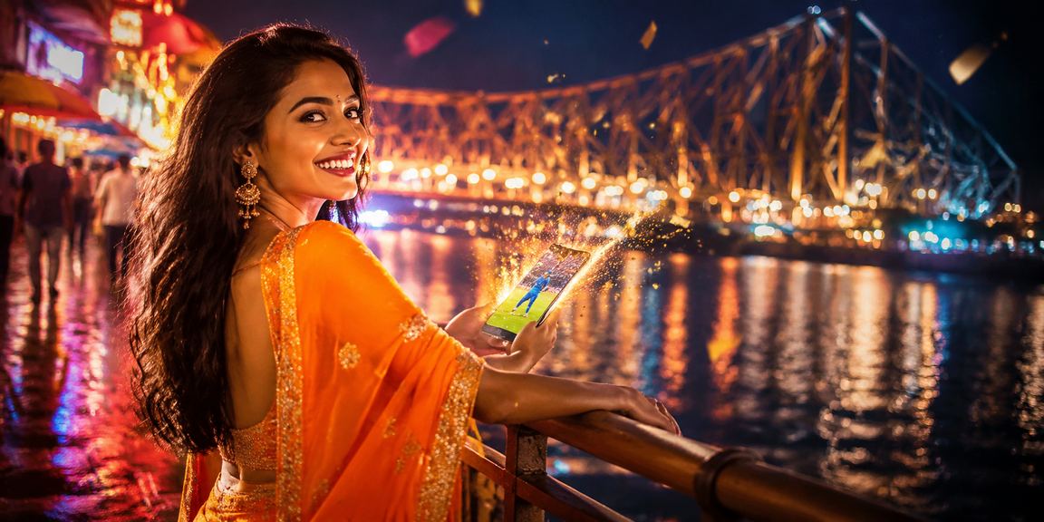 View of Howrah Bridge and Kolkata night market with online betting usage