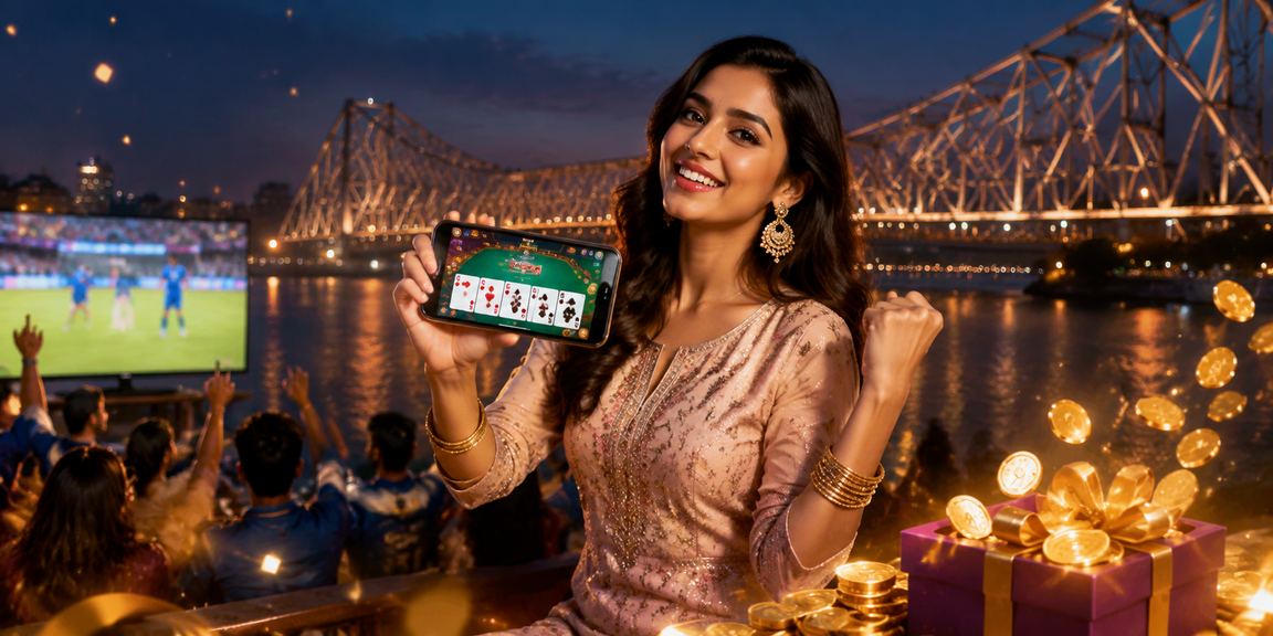 Woman playing rummy in Kolkata showcasing Indian culture with bright traditional kurti